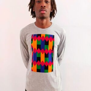 Tee-shirt en Coton Bio, Manches Longues, Gris, Imprimer Africain.