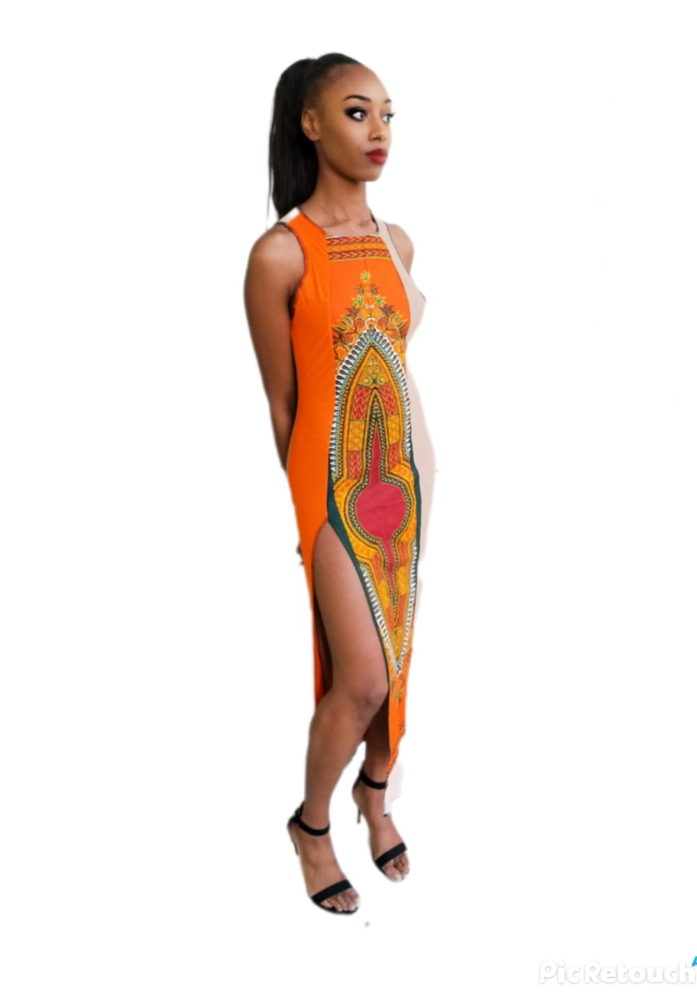 Robe de Soirée Sexy, Moulante, Élégante, Longue, Couleur Orange, Imprimer Africain. – Image 3